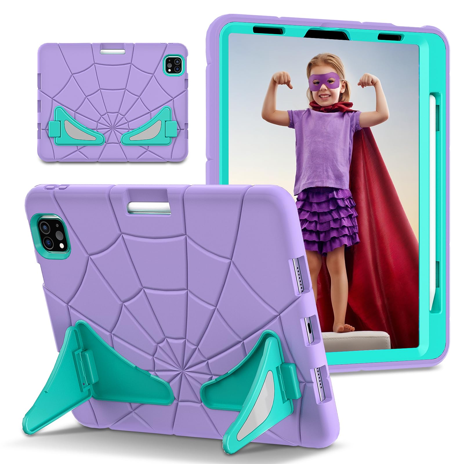 nincyee Kids Tablet Case for iPad Air 11" 2025/2024,Heavy Duty Shockproof Cover with Pencil Holder,Spider Carton Theme Folding Kickstand Case for