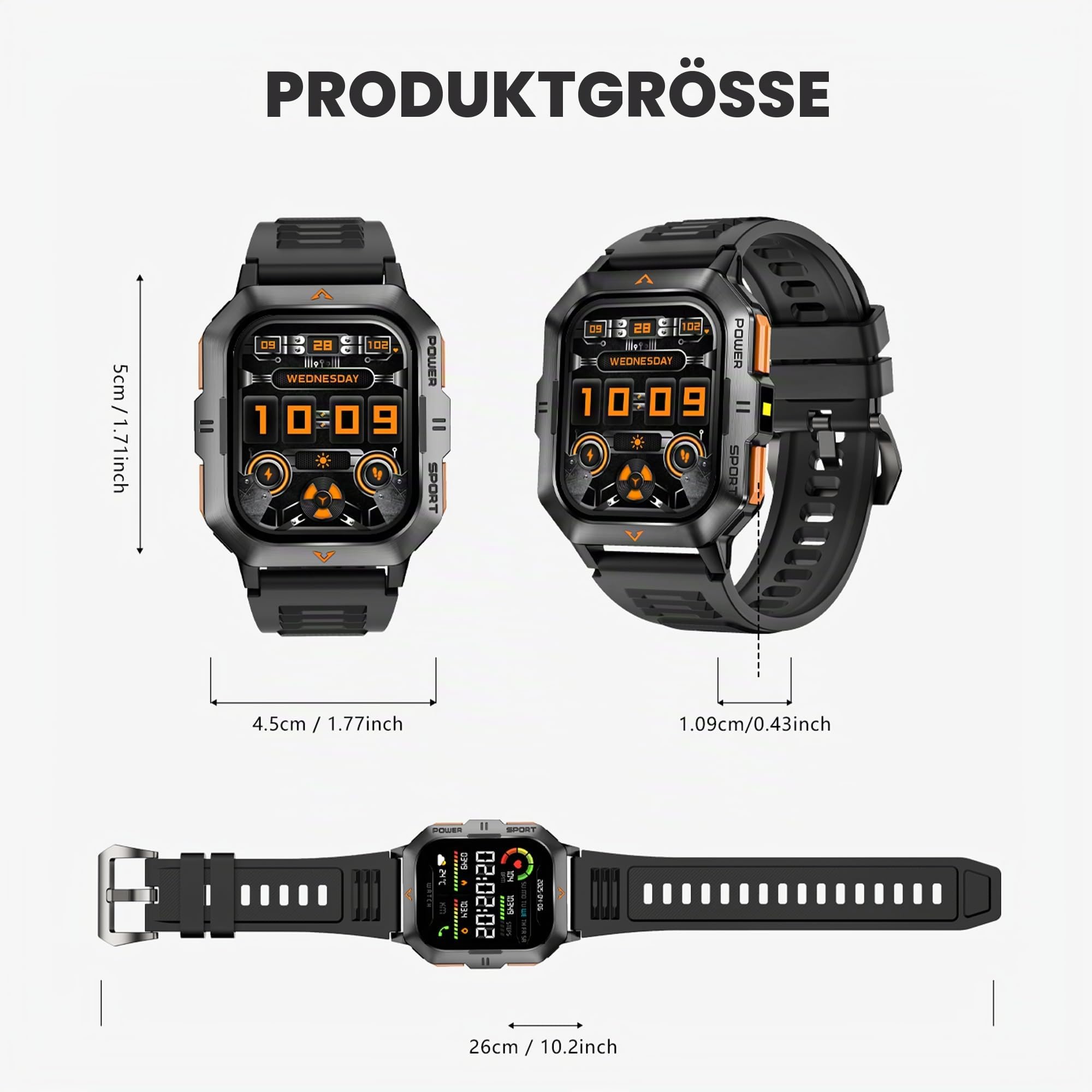 2,01" AMOLED Smartwatch Herren mit Telefonfunktion, 430mAh Batterie, Sportuhr mit Bluetooth Anrufe Fitnessuhr mit Schlafmonitor Schrittzähler, 5ATM Wasserdicht Smart Watch für iOS Android (Schwarz)