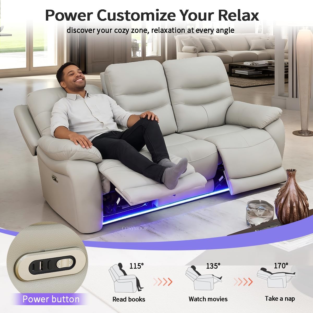 Power Recliner Sofa Set with LED Light, Living Room Furniture Sets, Leather Sectional Sofa and Chair Set,Modern Power Reclining Sets with USB Port for House
