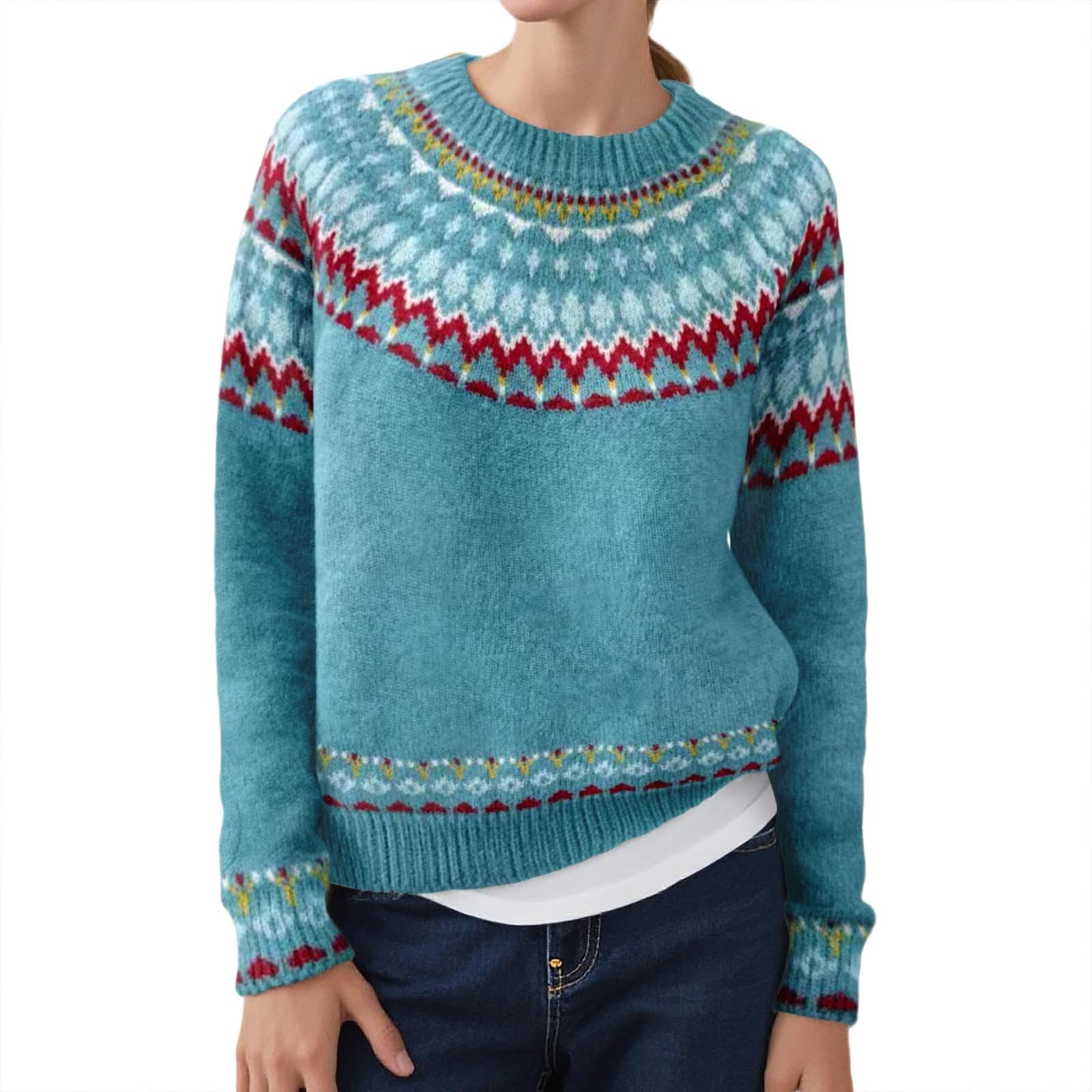 Fair Isle Sweater Women Colorful Crewneck Vintage Boho Knitted Pullover Tops Long Sleeve Striped Loose Fit Casual Sweater