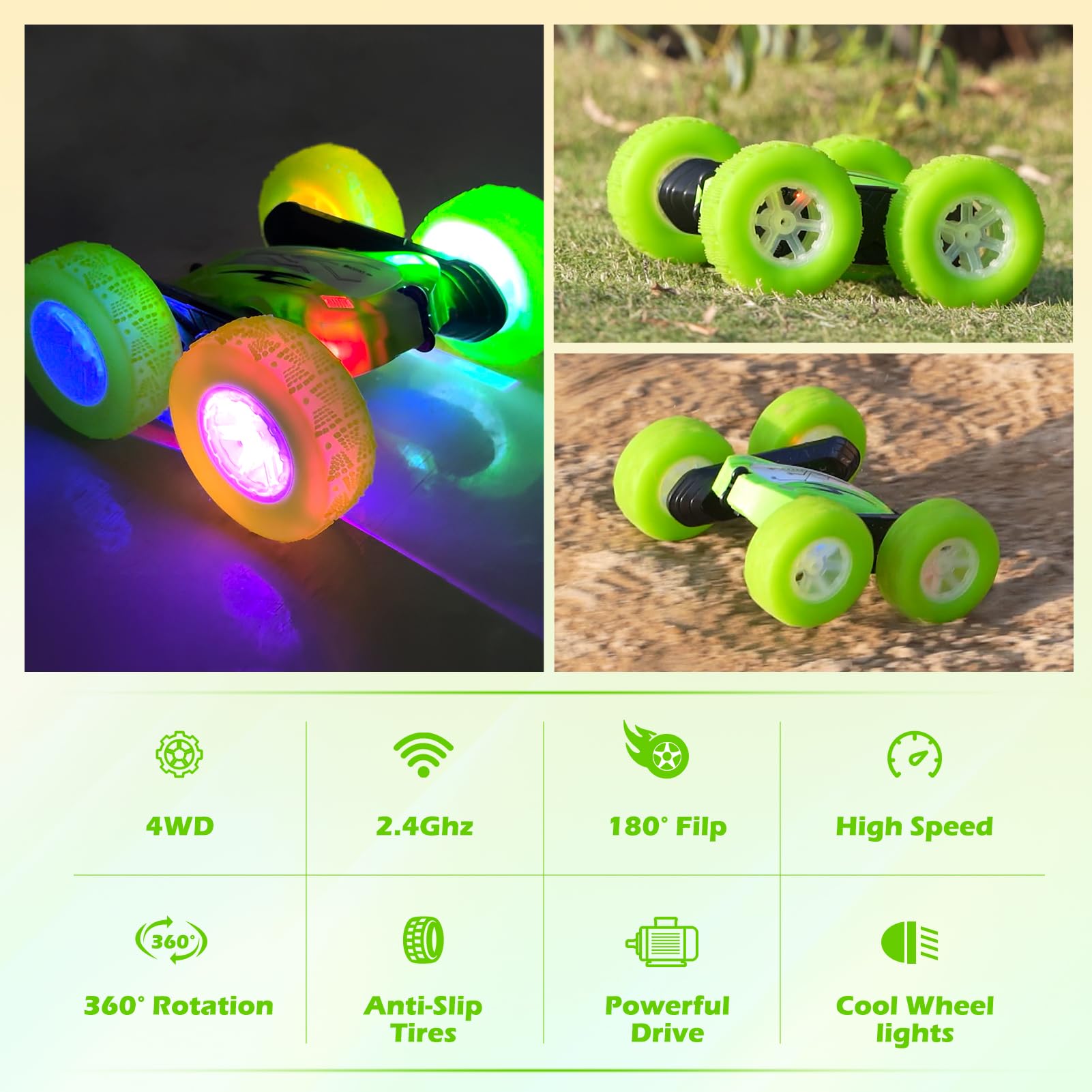 Rodzon Coche Teledirigido,Coche AcrobáTico Camiones 360 Grados De RotacióN,Juguete Niño Regalo 6 7 8 9 12 Años Niña 2.4Ghz Niños Coche Teledirigido con Luces Incluye Batería Recargable (Verde)
