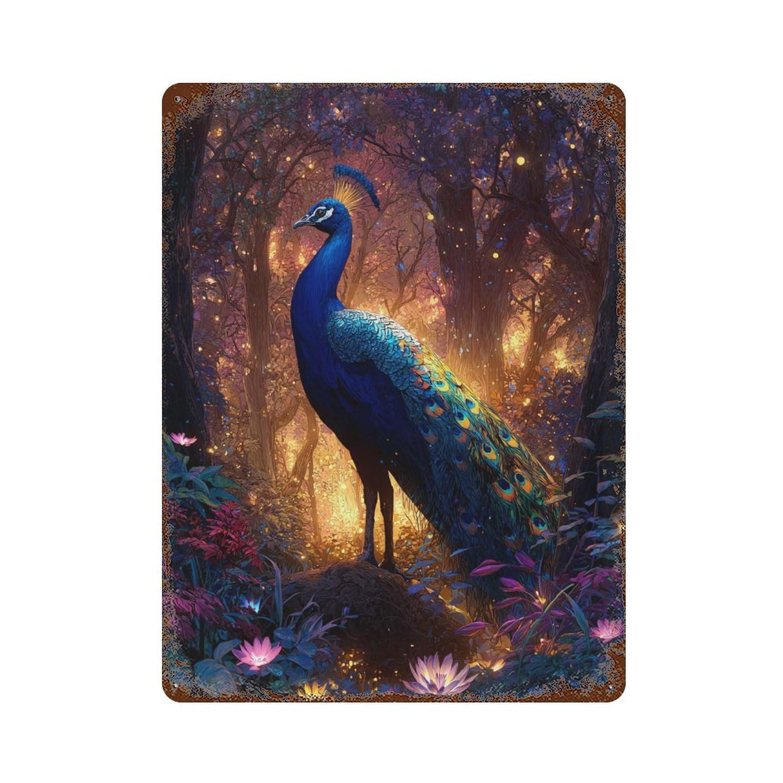 Retro Metal Sign Enchanted Forest Peacock 15.7"x11.8", Decorative Metal Wall Art for Pub, Kitchen And Man Cave Decor