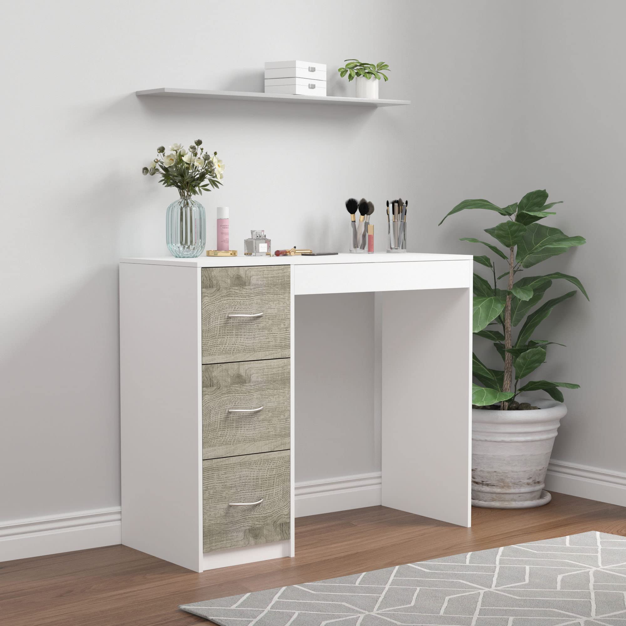 URBNLIVING 3 Drawer Wooden Bedroom Dressing Table (White Carcass + Ash Grey Drawers)