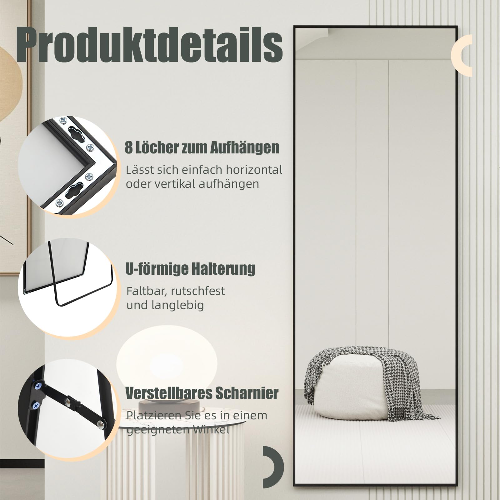Miroir sur Pied 140x50cm Cadre Métal Noir Grand Miroir Mural HD Crochets Salon Chambre Dressing