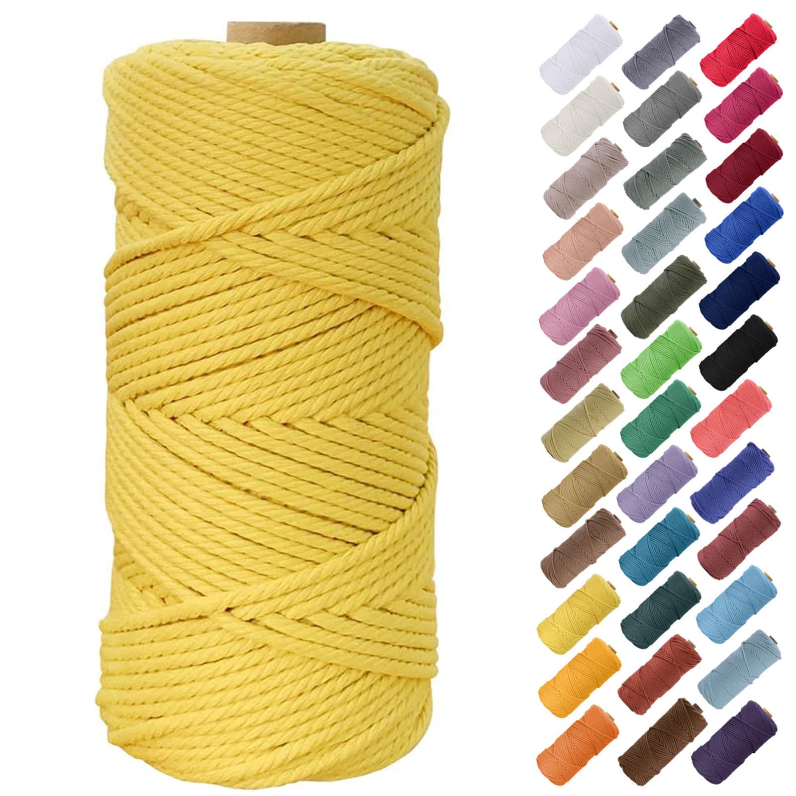 Binwat 5mm x100m Macrame Cord Thick Natural Cotton Cord DIY Crafts Yarn Thread Twisted Spool Twine String Cotton Rope for Wall Hanging,Plant Hangers,Knitting,Decorative Projects(Yellow)