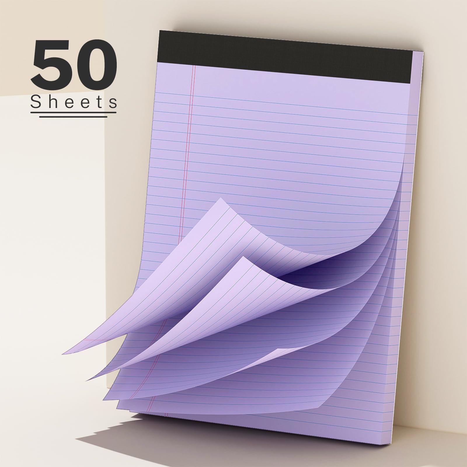 Notizblöcke, liniert, schmal, liniert, 50 Blatt pro Notizblock, perforiert, langlebig, stabile Rückseite, 20,3 x 27,9 cm, Rosa, Lila, Blau, Grün, Weiß, Gelb, 12 Stück