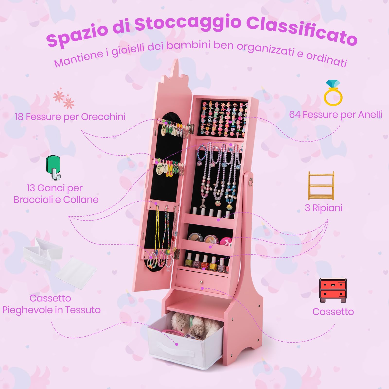GYMAX Armadio Gioielli per Bambini, Specchio a Figura Intera con 2 Angoli Regolabili, Organizzatore di Gioielli da Principessa con Cassetto per Camera da Letto, Cameretta, 31,5 x 30 x 115cm (Rosa)