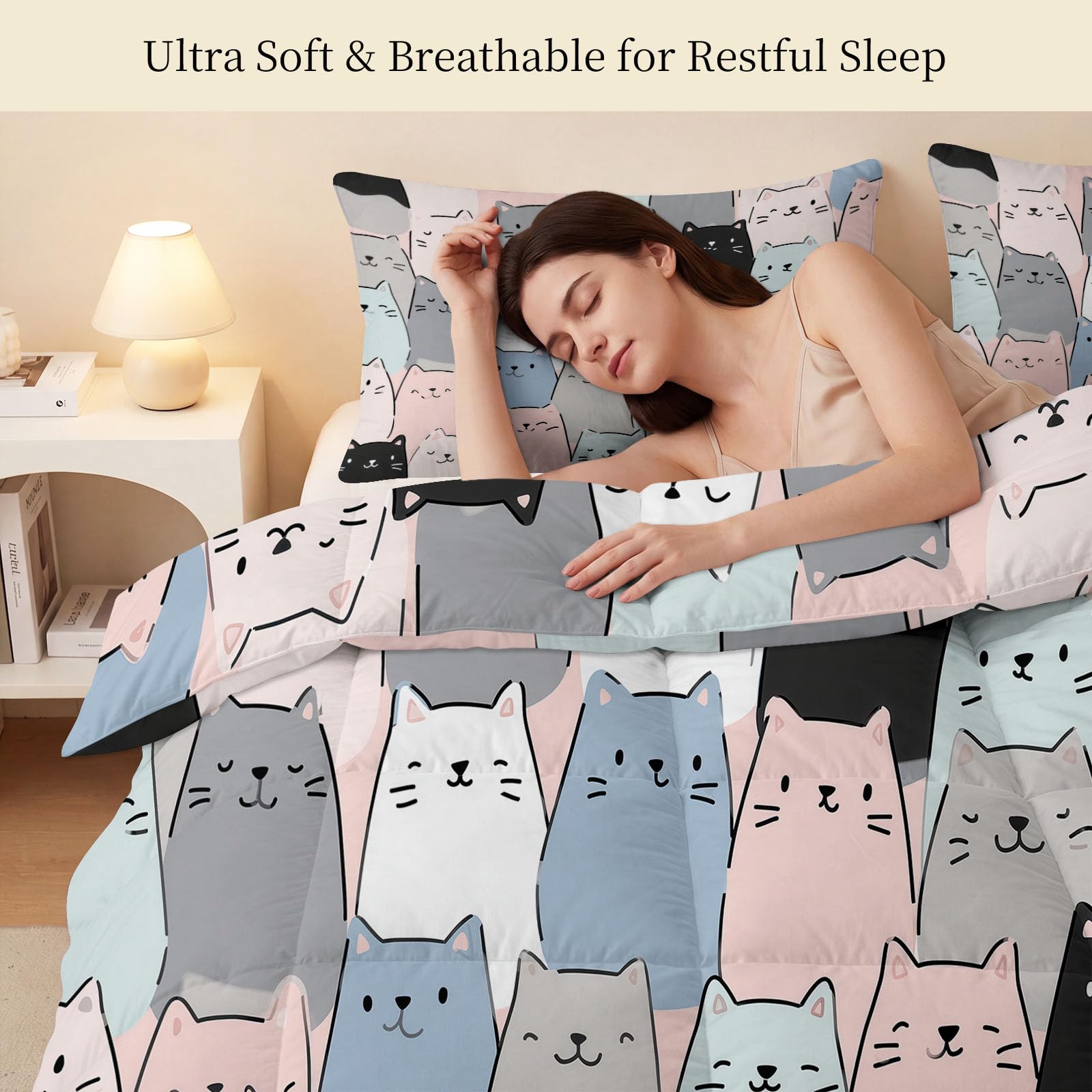 Generisch Edredón calmante de dibujos animados, sin funda, 155 x 220 cm, con cara de gato, hipoalergénico, para todo el año, con 2 fundas de almohada de 80 x 80, reversible, lavable, manta para las 4