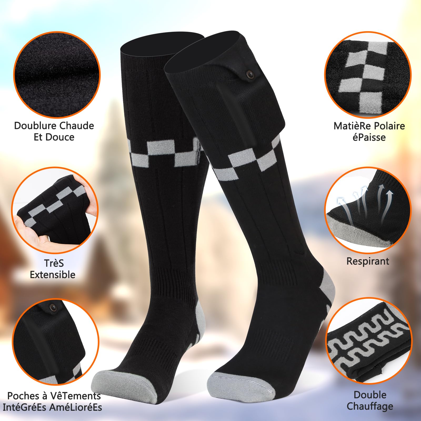 Chaussettes Chauffantes Améliorées, iKuchelife 7500mAh Rechargeables, Pieds Chauds à 360°, 4 Niveaux de Température, 14H Autonomie de la Batterie, Maison et Extérieur, Hommes et Femmes 37-47
