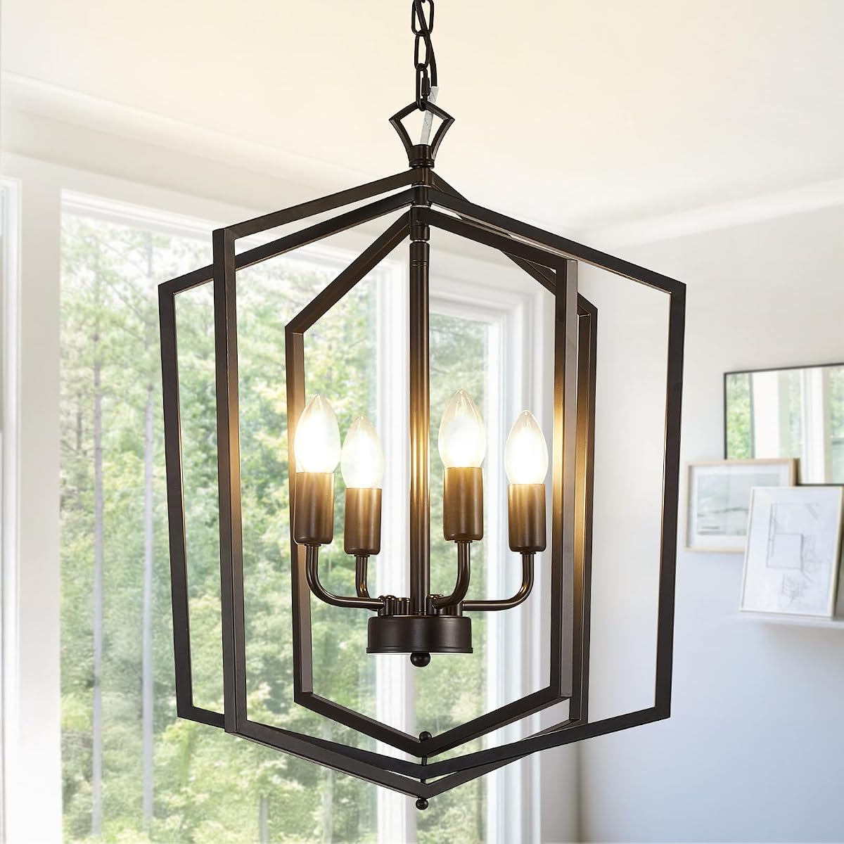 18.1" Black Chandelier, 4-Light Farmhouse Dining Room Light Fixture, Industrial Ceilings Foyer Lighting Fixtures, Rustic Lantern Pendant Light, for Kitchen Island, Entryway, Staircase