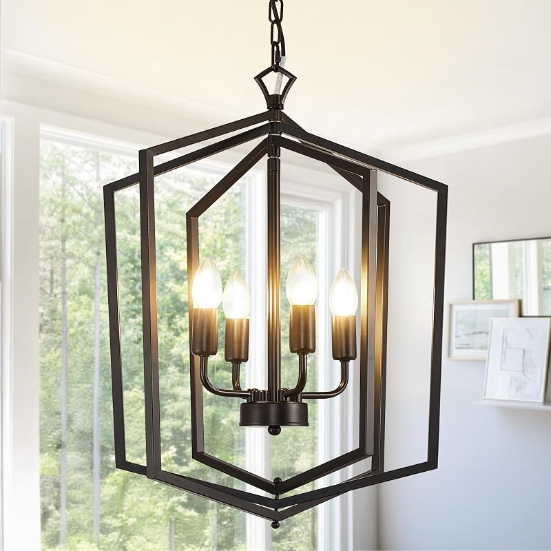 18.1" Black Chandelier, 4-Light Farmhouse Dining Room Light Fixture, Industrial Ceilings Foyer Lighting Fixtures, Rustic Lantern Pendant Light, for Kitchen Island, Entryway, Staircase