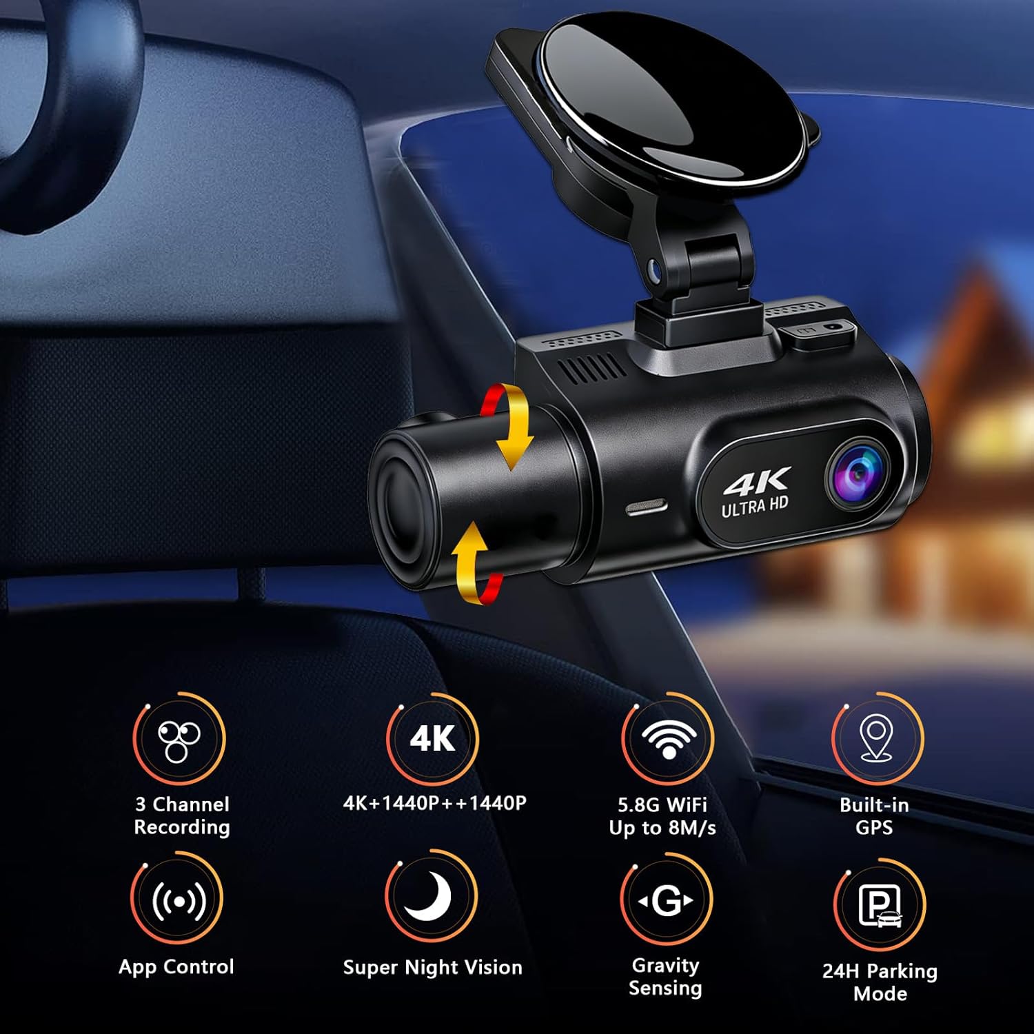 3 Channel Dash Cam 4K+2K+2K, 170° Ultra Wide Angle Triple Car Camera, Pro Night Vision, 5GHz High-Speed WiFi (2.4X Faster), GPS, G-Sensor, 24H Parking Mode, 64GB Card Included JMKANGMA