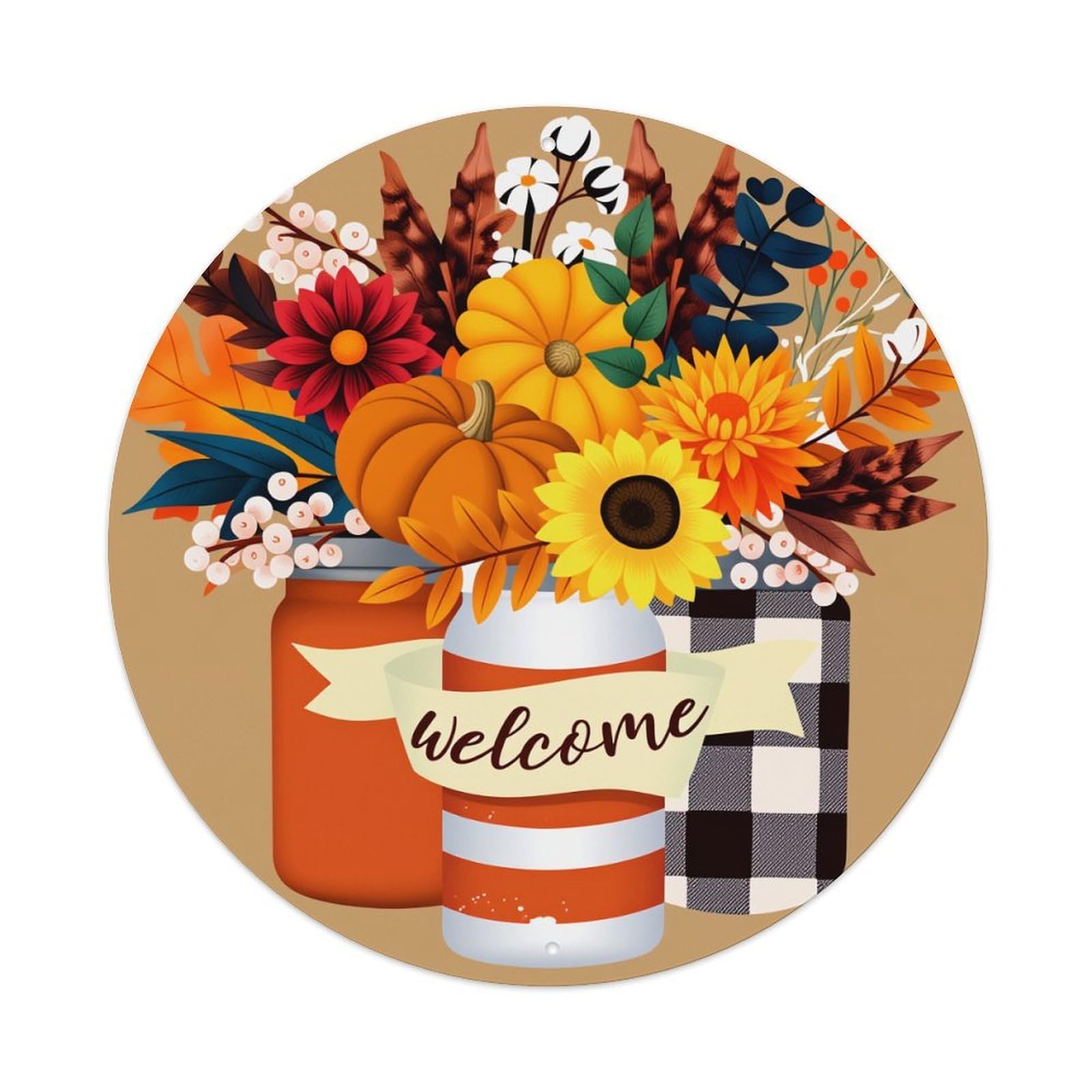 Autumn Leaves Pumpkins Sunflowers Welcome Round Tin Sign Vintage Metal Poster Retro Bar, Home, Man Cave, Kitchen, Laundry Room Wall Art Decor Gift 8x8Inch