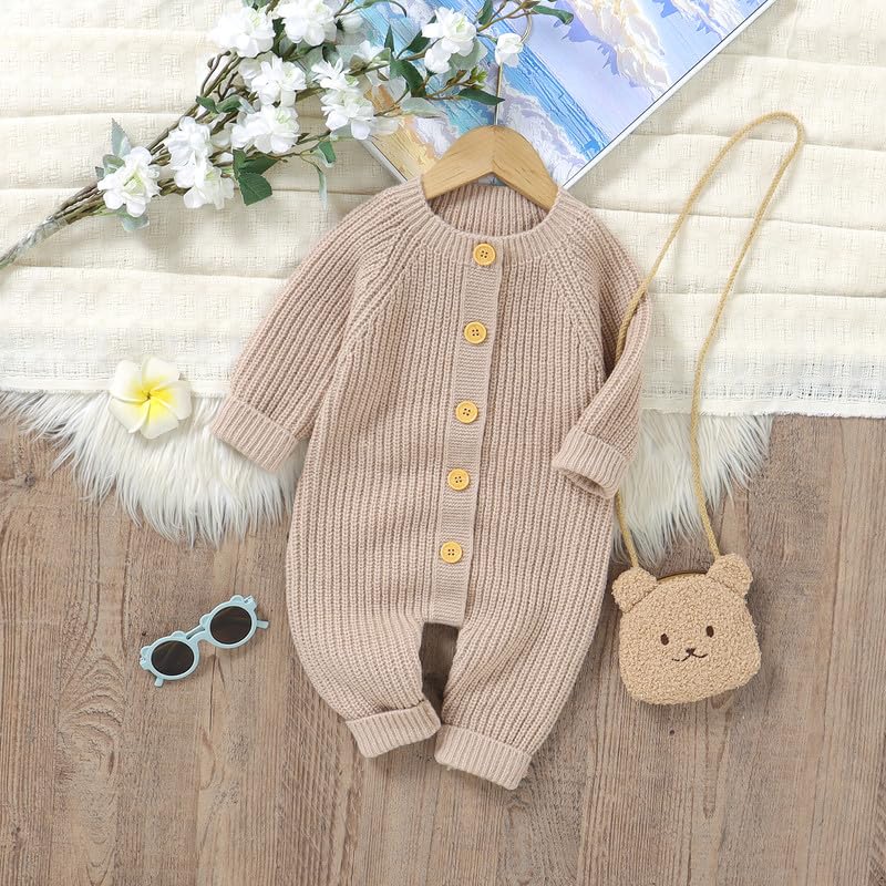 LAWKUL Baby Romper Long Sleeve Ultra-Soft Stretchy One-Piece with Button Closure Machine Washable Unisex Playsuit Khaki 6-9M