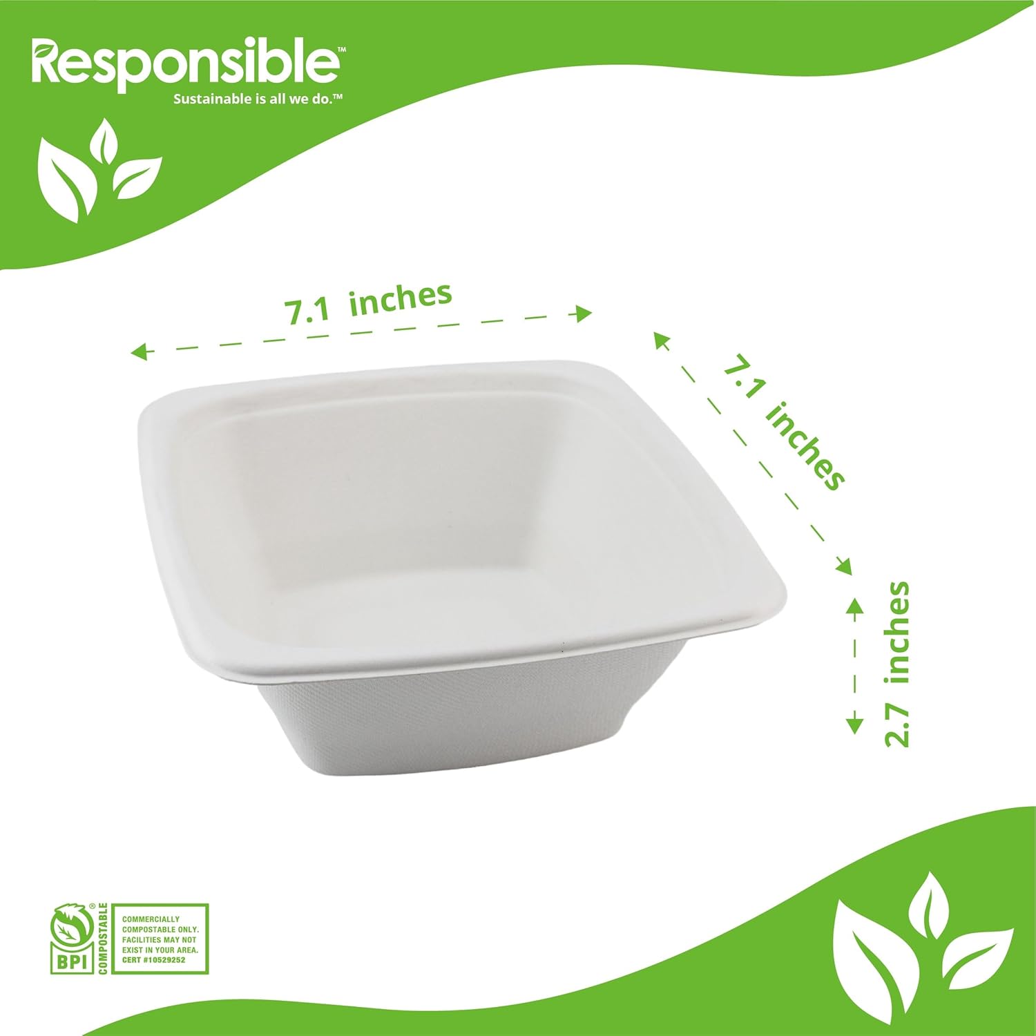 Responsible Products 100% Compostable Square Serving Bowls, 32 oz Disposable Paper Bowls, Microwave Safe, Freezer Safe, Soup Safe, No Plastic, Eco-Friendly, Tree-Free, No PFAS. White (200 Count)