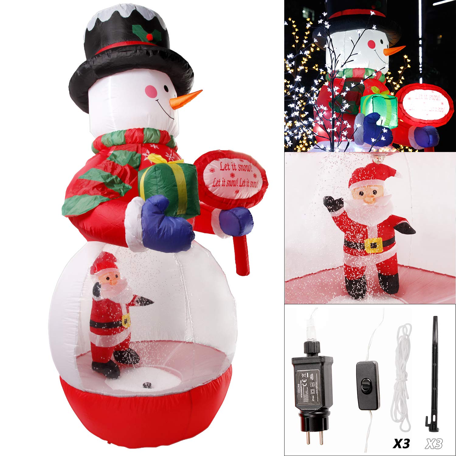 CCLIFE Bonhomme de Neige Gonflable, Décorations de Noël Bonhomme de Neige Gonflable Exterieur Interieur LED avec Pere Noel y Pingouin Noel Lumineux Exterieur Deco