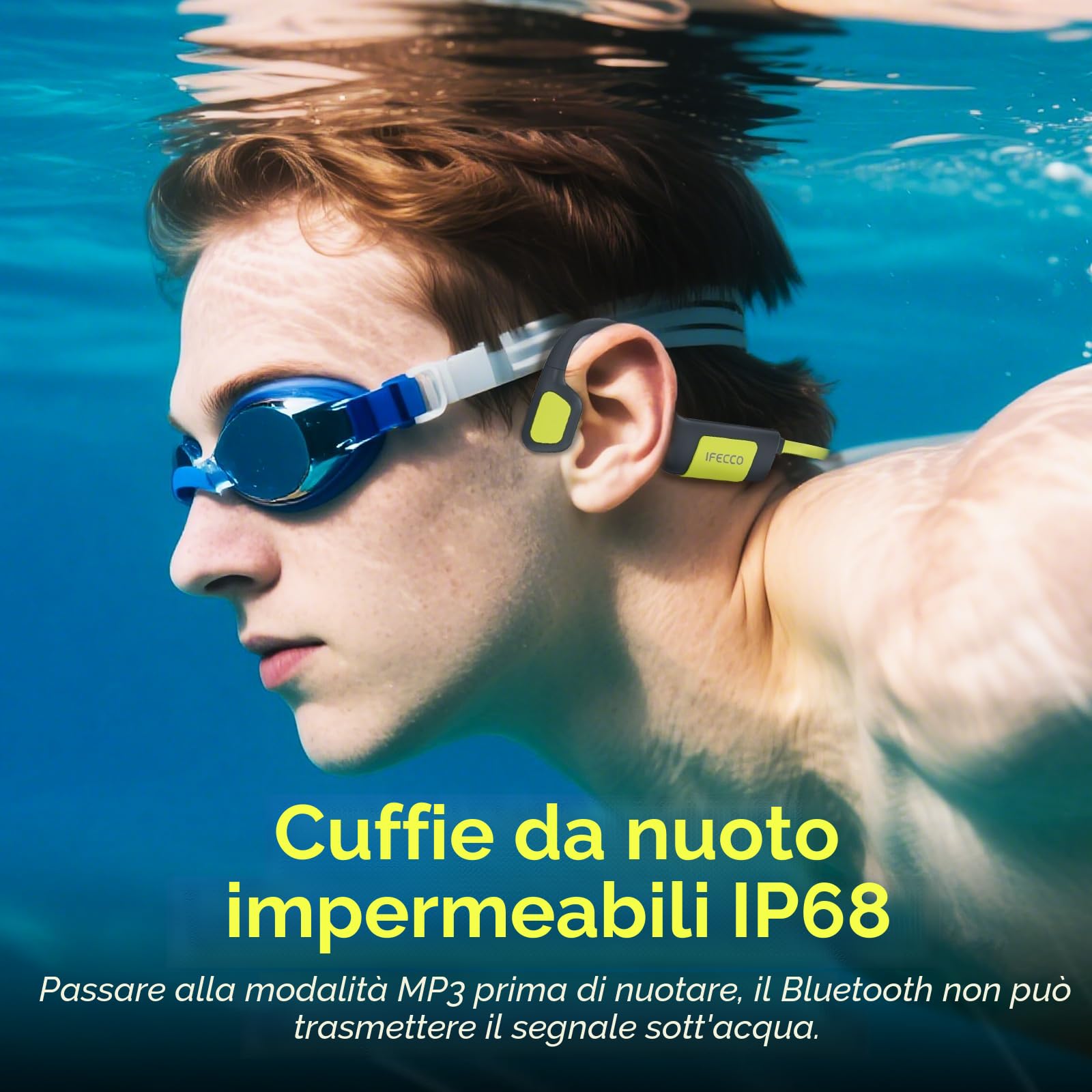 IFECCO Cuffie Conduzione Ossea Nuoto, IP68 Impermeabili Auricolari Piscina Nuoto Bluetooth 5.4, Cuffie Subacquee con Lettore MP3 da 32G, Wireless Auricolari per Nuoto, Surf, Corsa, Ciclismo