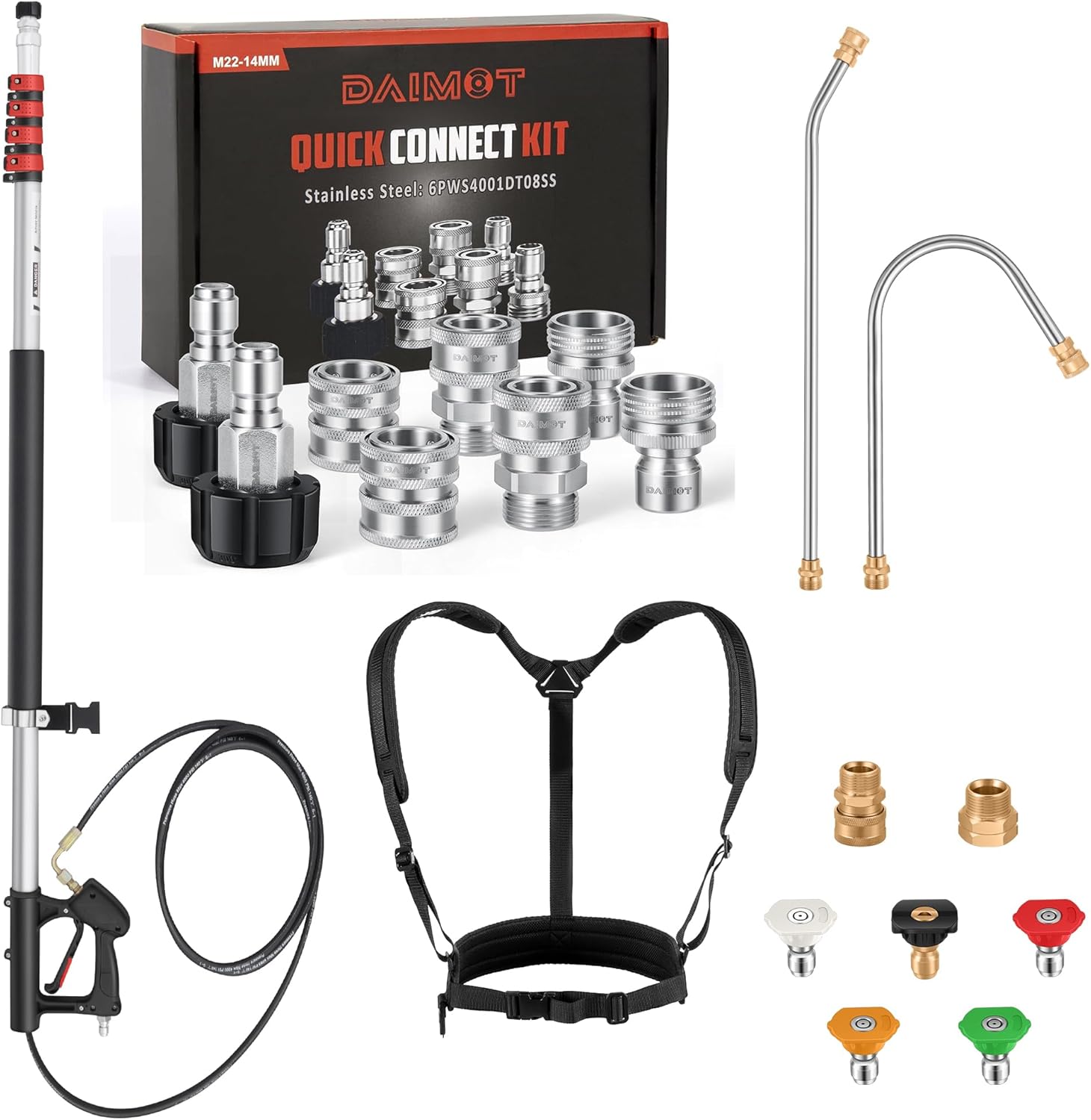 24 FT Telescoping Pressure Washer Wand Bundle with Premium Pressure Washer Quick Connect Kit (Stainless Steel)