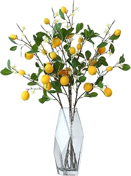 Artificial Lemon Branches, Yellow Fake Lemon Stems with Green Leaves, Fake Lemon Tree Decor Spring Faux Greenery Stems for Home Table Wedding Party Decor 2pcs