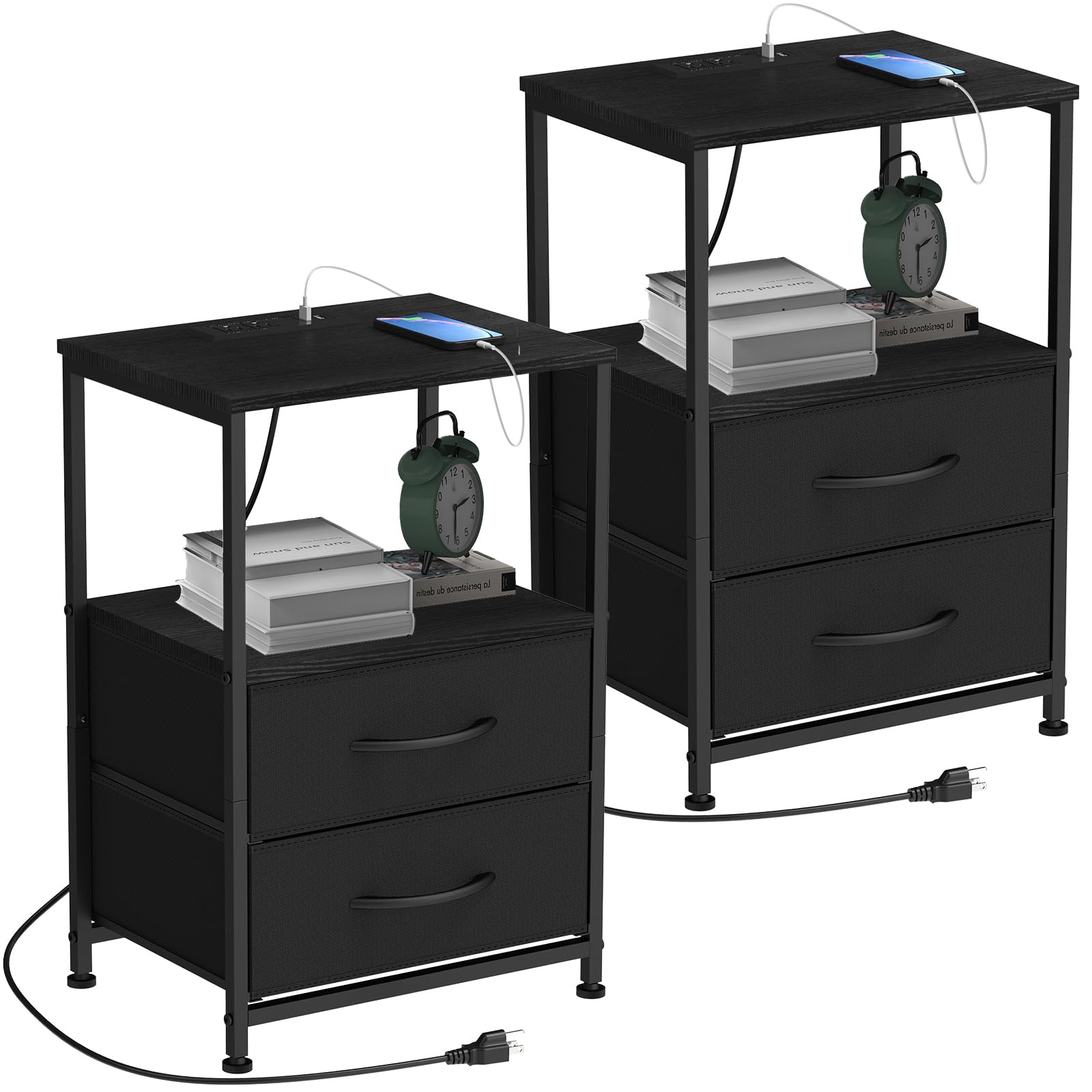 YBING Black Nightstand Set of 2 with Charging Station Bedside Table