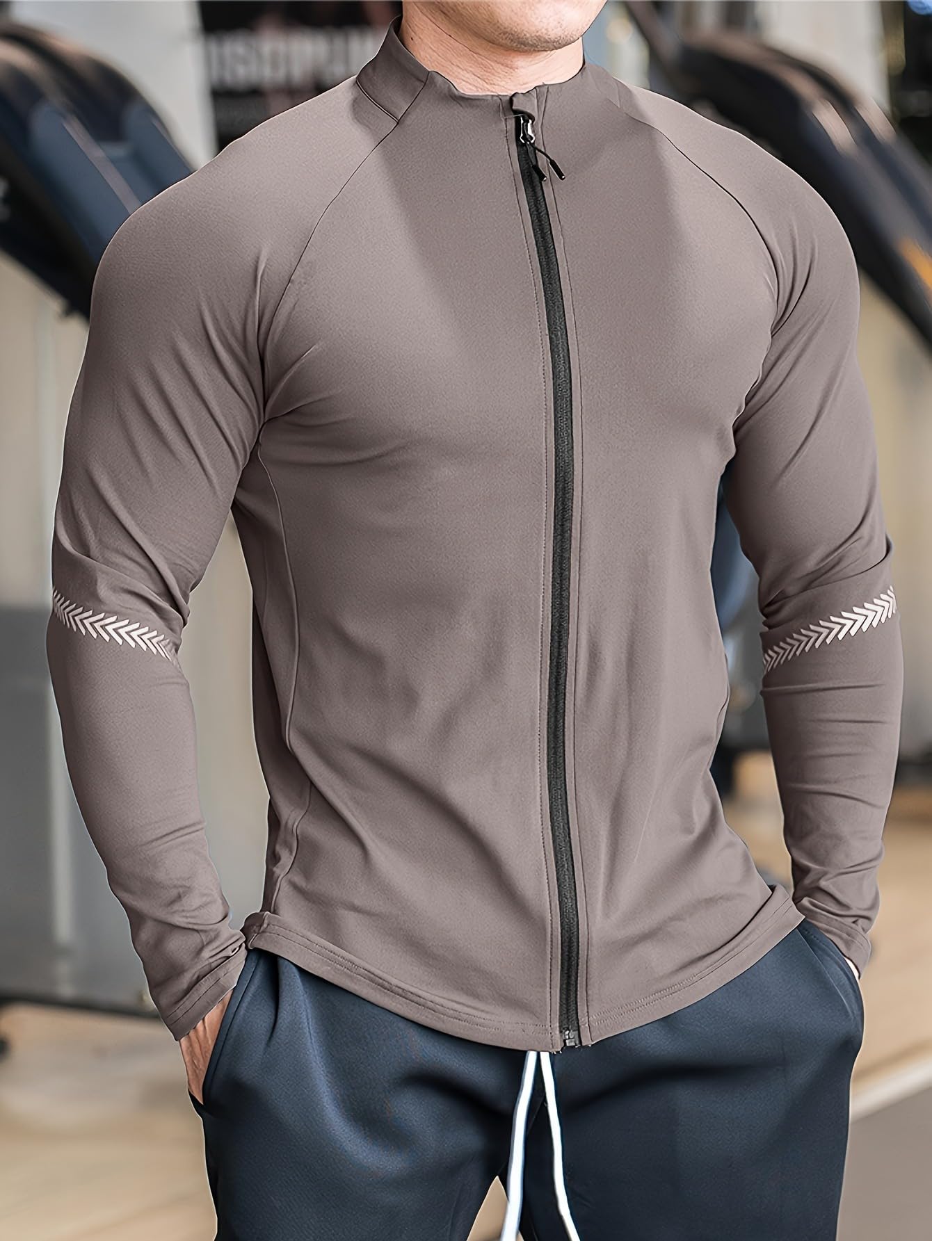 Sudadera con cremallera completa para hombre, manga larga, ligera, elástica, con estampado reflectante en los brazos, para entrenamiento — view 5