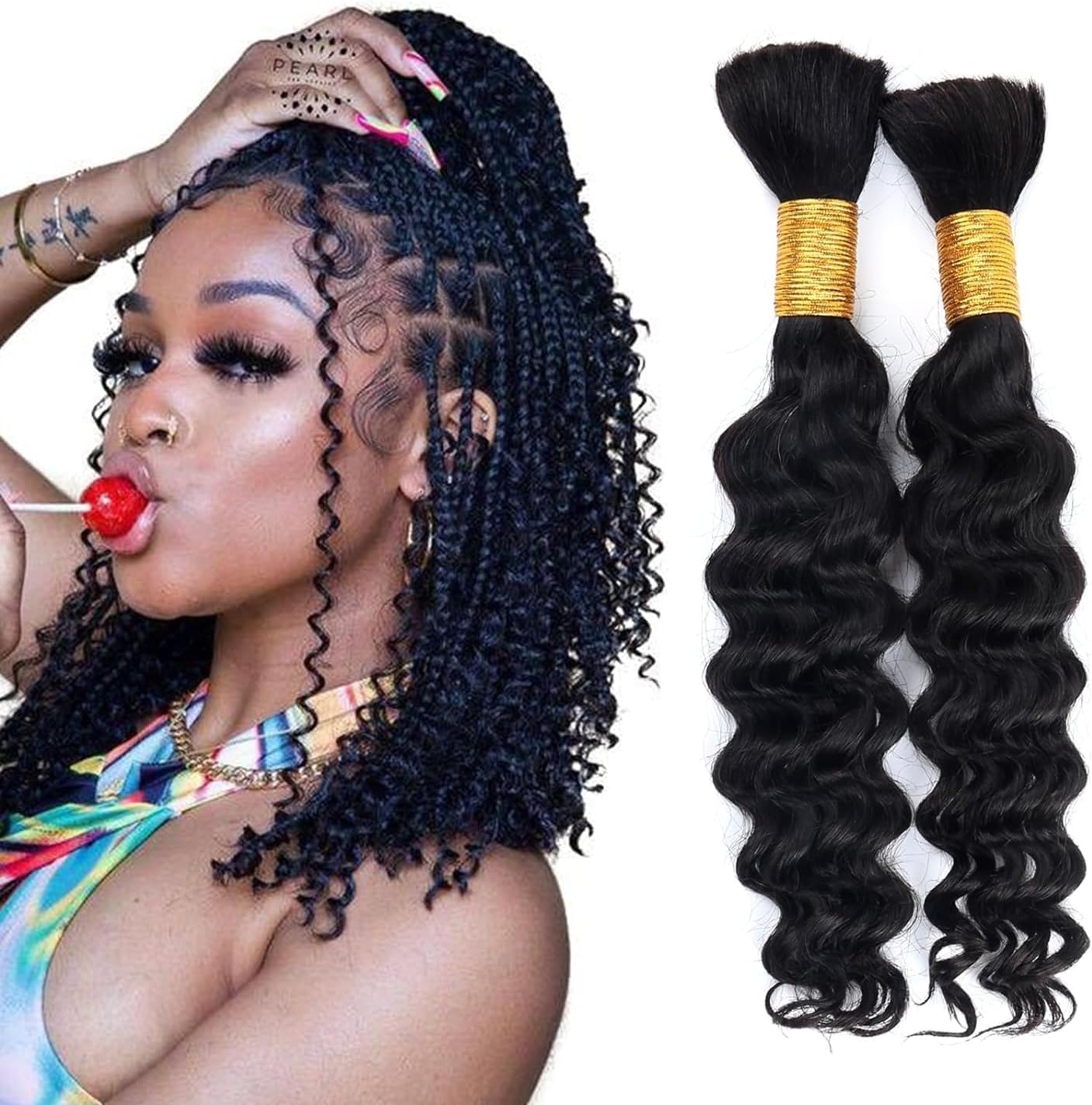 Human Braiding Hair for Boho Braids Human 100g 14 Inch Curly Boho Hair for Braiding Knotless 12A Deep Wave Bulk Bohemian 2 Bundles/Pack Natural Color
