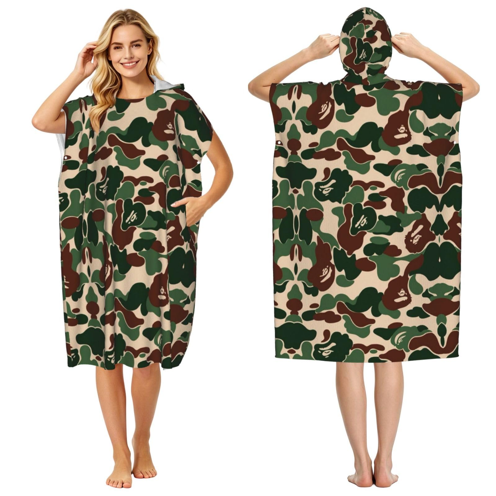 EZDLOWVBA Camouflage Green Print Hooded Poncho Microfiber Beach Towel,Adult Women & Men Changing Robe,Lightweight Summer Surf Swim Bath Poncho Towel