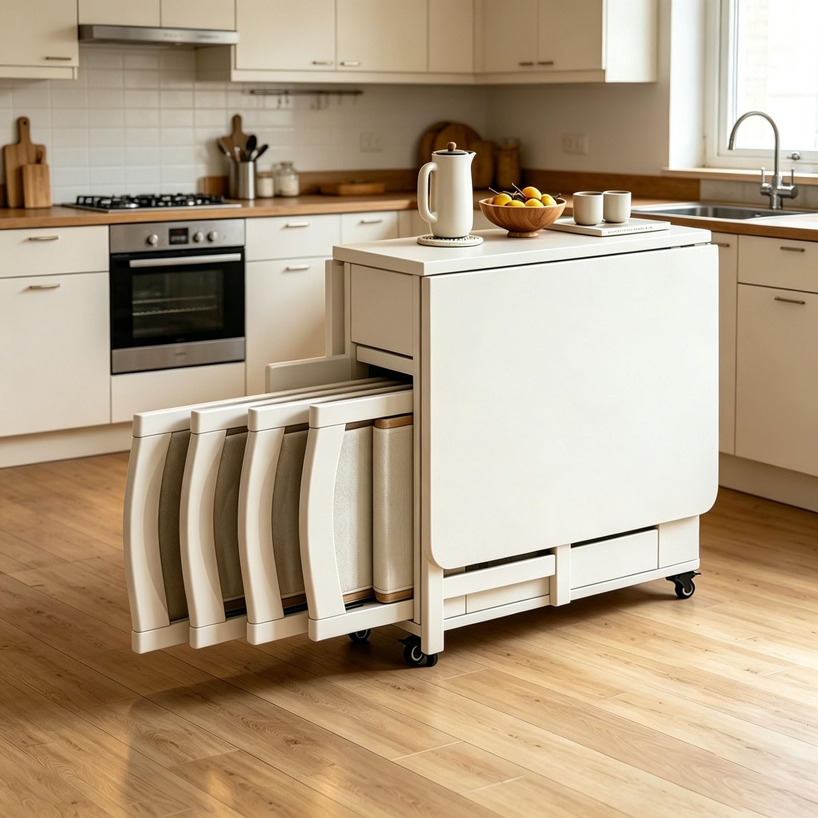 HiFi Rack Audio Regal Klapptisch esstisch, Vielseitiger Klapptisch Küche, mit Rollen und 4 Stühlen, Mobiler Esszimmertisch Ausziehbar für Esszimmer, Wohnzimmer(White)