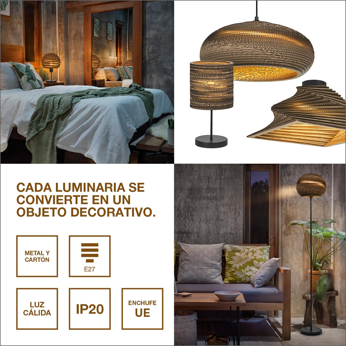 LEDVANCE Decor Cardboard Cilindro marrón de cartón ondulado, E27, 200 mm de diámetro, pantalla de material reciclado, sostenible gracias a la fuente de luz reemplazable, fácil de instalar