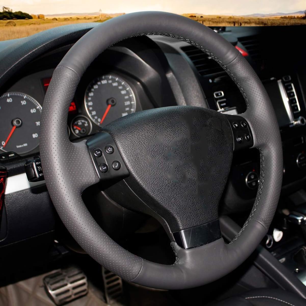 Loncky Custom Fit OEM Genuine Leather Steering Wheel Cover for Volkswagen VW Jetta S 2008 2009 / VW Jetta TDI 2005 2006 / VW Jetta 2.5 2005 2006 2007 / VW Rabbit 2006 2007 2008 2009 Accessories