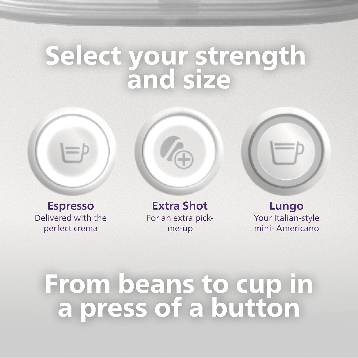 Control panel of the Philips Baristina machine with buttons for Espresso, Extra Shot, and Lungo.