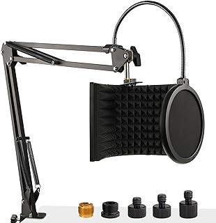 Microphone Isolation Shield with Mic Stand and Pop Filter, Foldable Sound Shield for Most Condenser Microphone Recording Equipment Studio, High Density Absorbent Foam to Filter Vocal by Frgyee