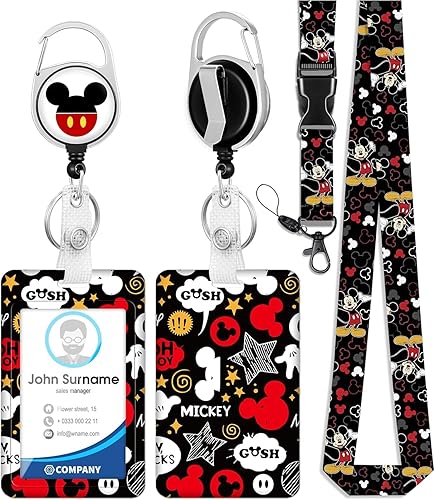 Akkya Soporte para tarjetas de identificación con cordón y clip retráctil para cinturón, lindo y divertido llavero de ratón de dibujos animados,