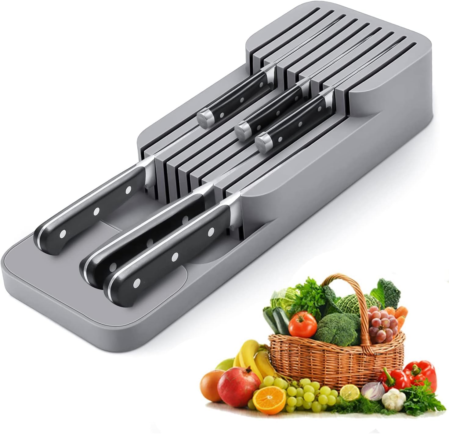 Kitchen Drawer Knife Organizer Tray – BPA-Free Plastic Countertop Block – Universal Holder Storage Insert for Drawers Cutlery Utensil Knives
