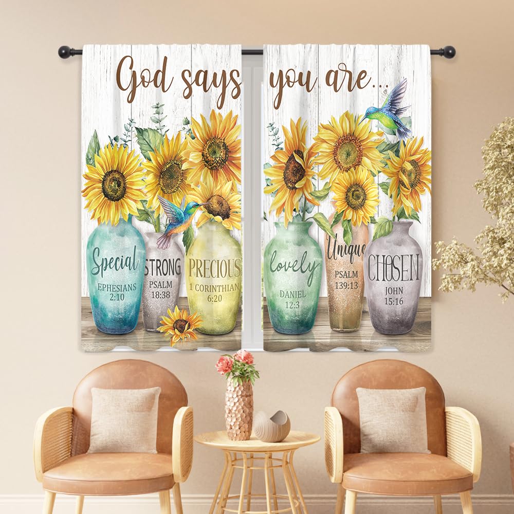 Riyidecor Sunflower Bible Verse Curtains Christian Quotes Farmhouse Rustic Floral Flower Scripture Rod Pocket Retro Hummingbird Wooden Plant Bedroom