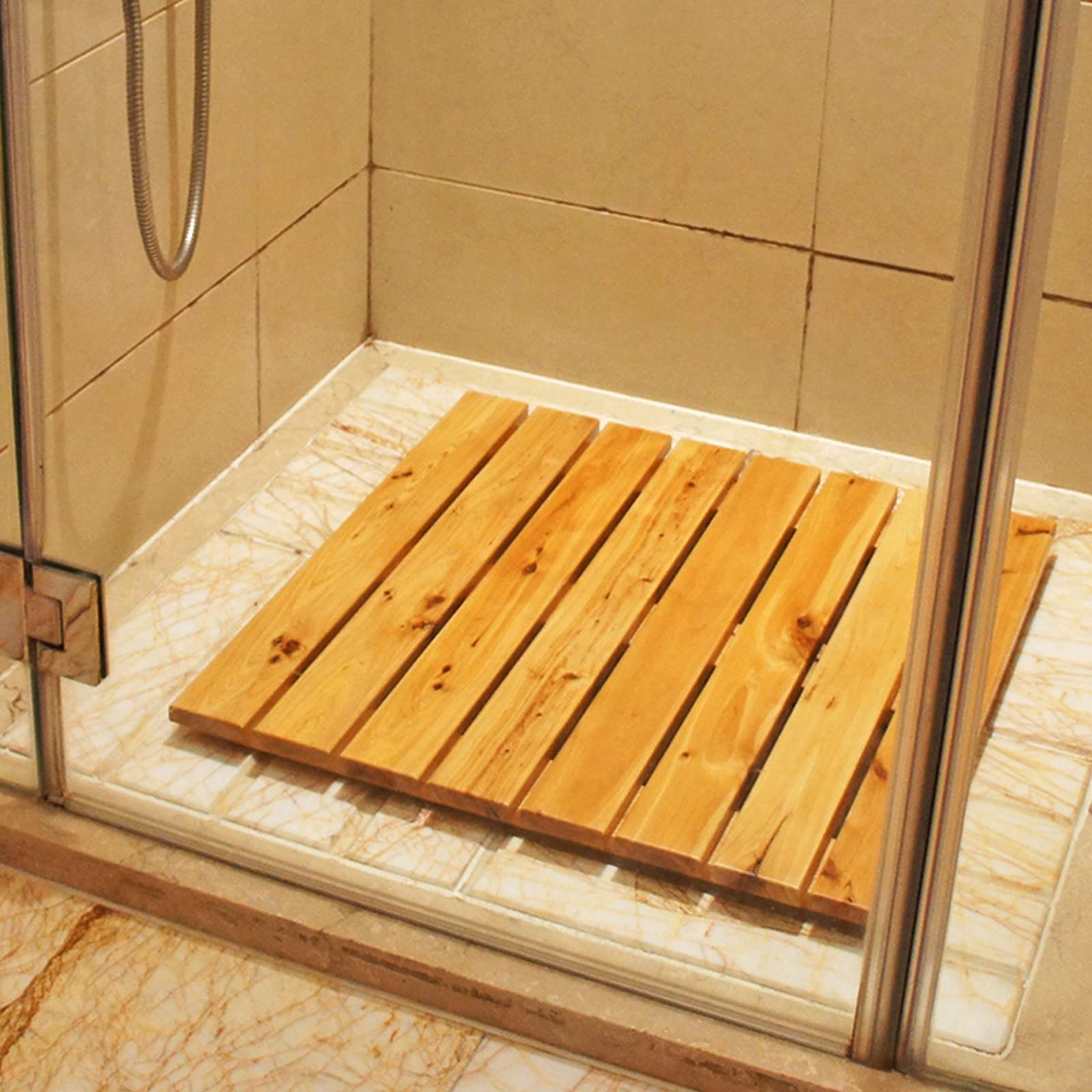 wooden bath mat, Cedar Wood Shower Mat Slatted Design Wooden Floor Mat for Bathroom Indoor Outdoor Multiple Sizes(40x40cm/16x16in)
