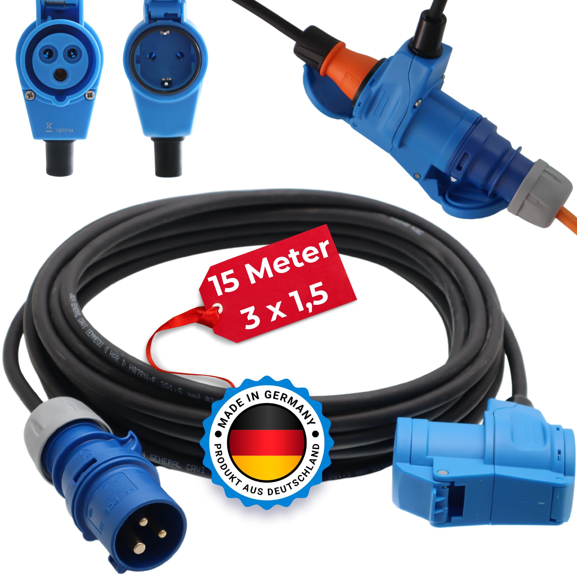 Camping Adapter 15m Mit CEE Winkelkupplung Und Integrierter Schuko Steckdose H07RN-F Kabel 3x1,5 Verlängerungskabel Strom Kabel Wohnmobil Wohnwagen Caravan Landstromanschluss