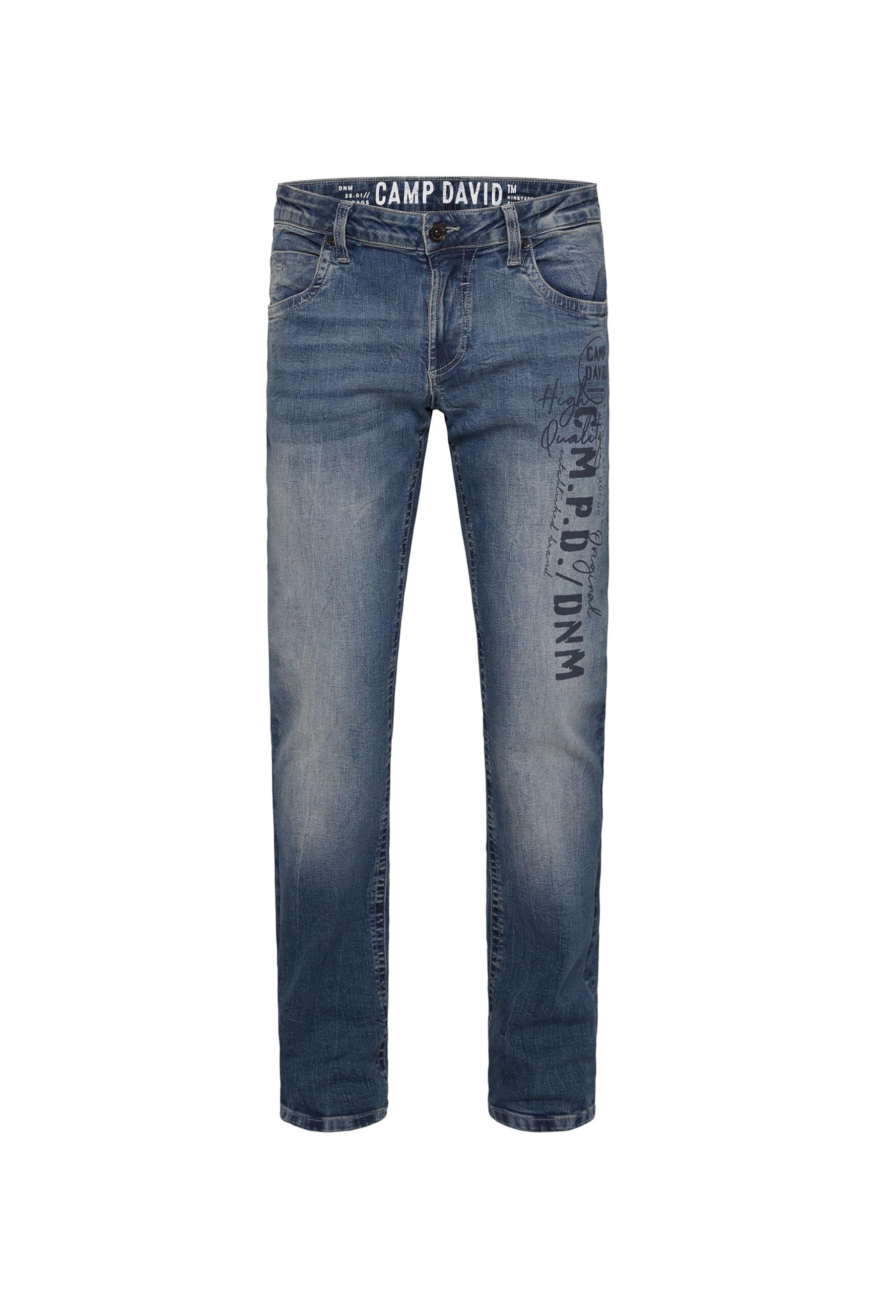 Camp David NI:CO Herren Jeans Regular Fit Stretch Dark Blue Printed | gerades Bein, mittlere Leibhöhe, Five-Pocket, Zip-Fly, Logo-Print, helle Vintage-Waschung und breite Steppnähte 36 32