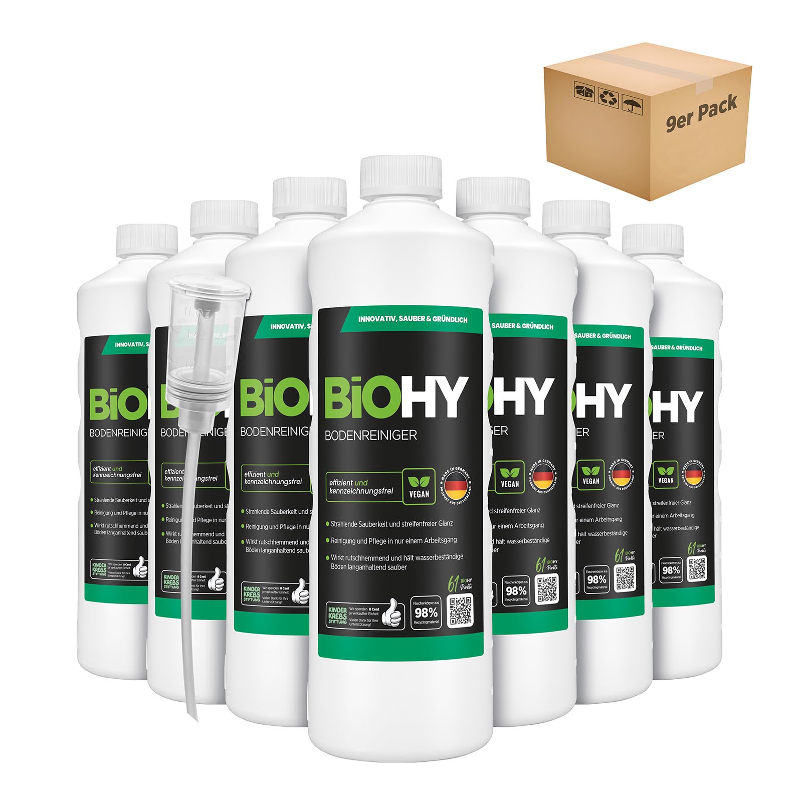 BiOHY Limpiador de suelo (9 botellas de 1 litro) + Dosificador | Concentrado para todos los aparatos de limpieza y todos los suelos duros (Bodenreiniger)