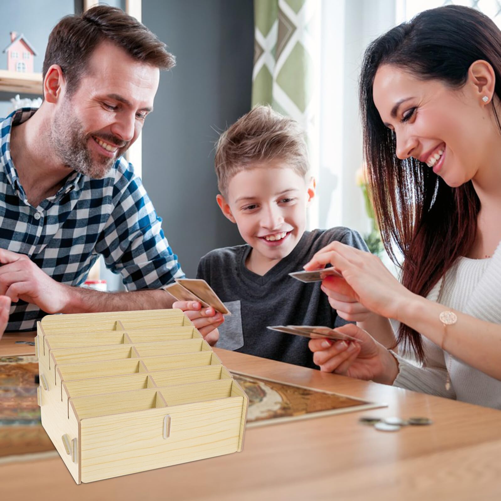 Scatola per Carte da Gioco Multi-griglia in Legno Beige | Capienza Ampia, Trasporto Pratico, per Piccoli Oggetti e Carte da Gioco, Organizer Compatto