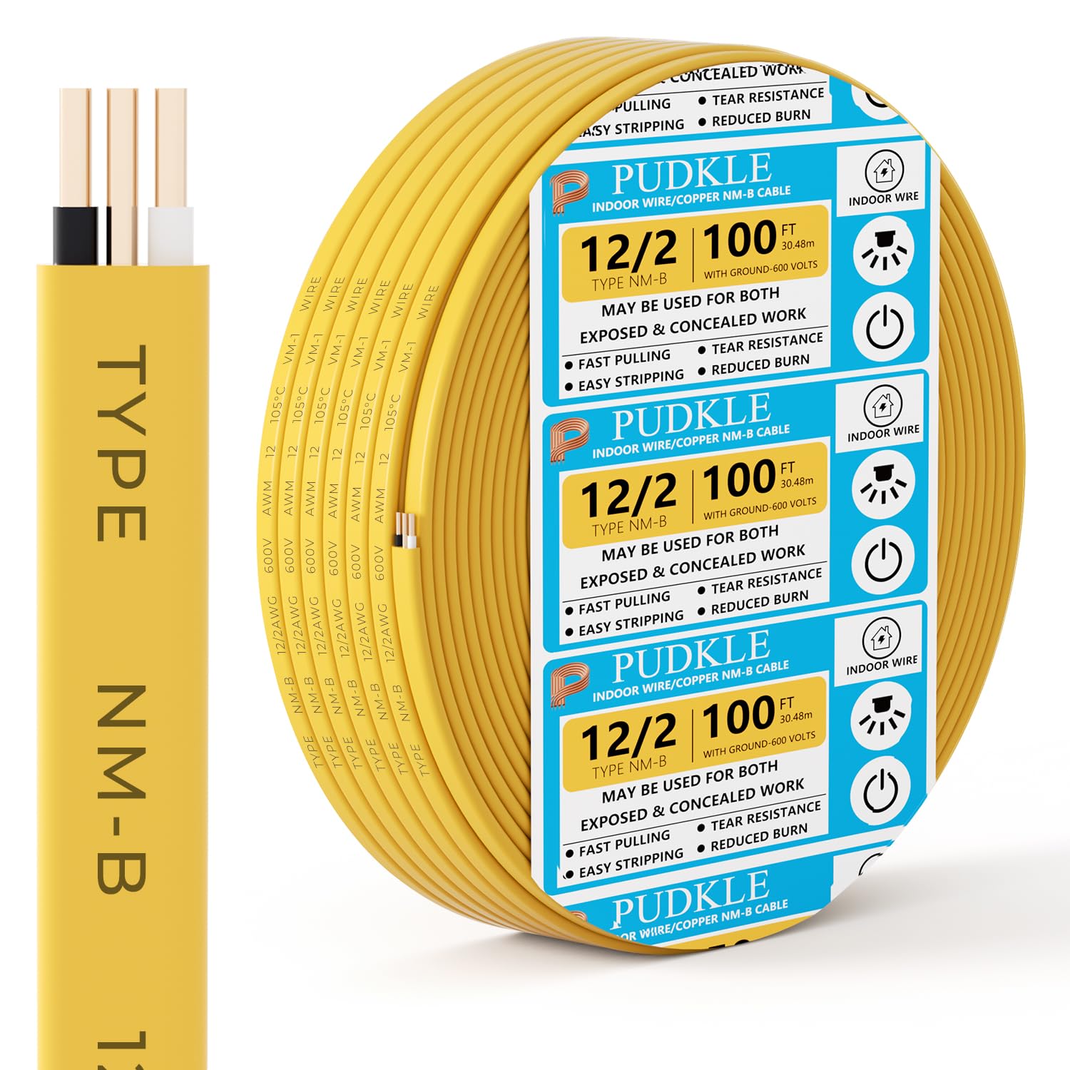 12/2 AWG NM-B Cable, 100ft 3 Wires Solid Copper Non-Metallic Sheathed Wire, 20A 600V 105°C, 12/2 Wire for Residential Indoor Wiring