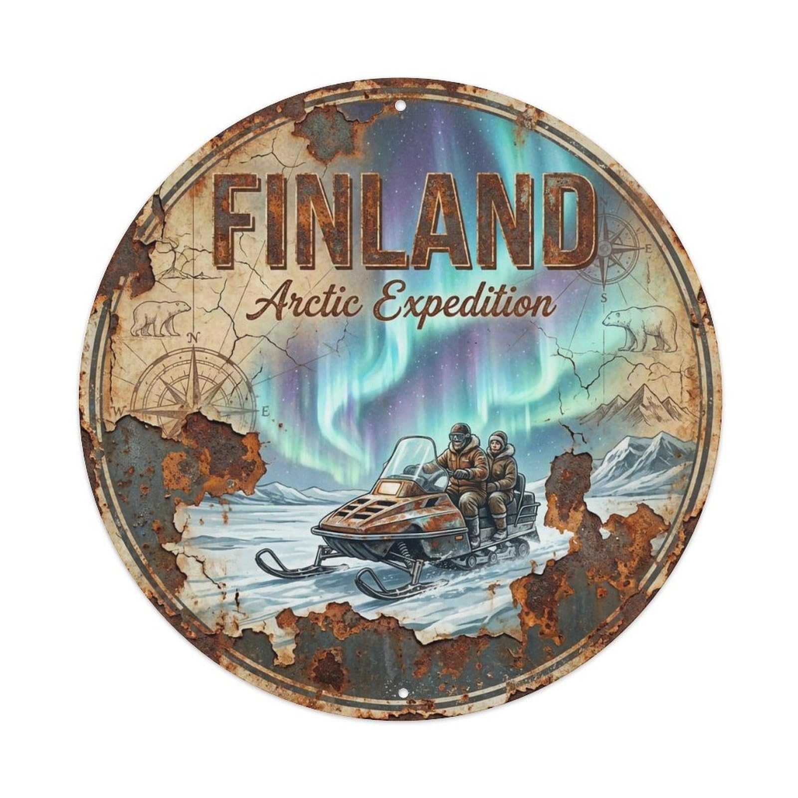 Vintage Travel Finland Expedition Metal Tin Sign Plaque Wall Decor for Cafe, Club, Garden Round Metal Poster 8x8Inch