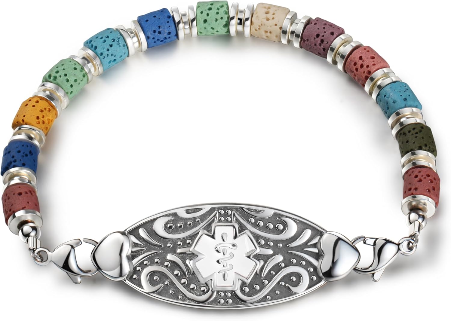 Custom Medical Alert Bracelet for Women,Lava Rock Beaded Emergency Medic ID Bracelet,Waterproof Stainless Steel Medical ID Bracelet for Diabetes Blood Thinner POTS Pacemaker Fall Risk,6.0-9.0 Inches