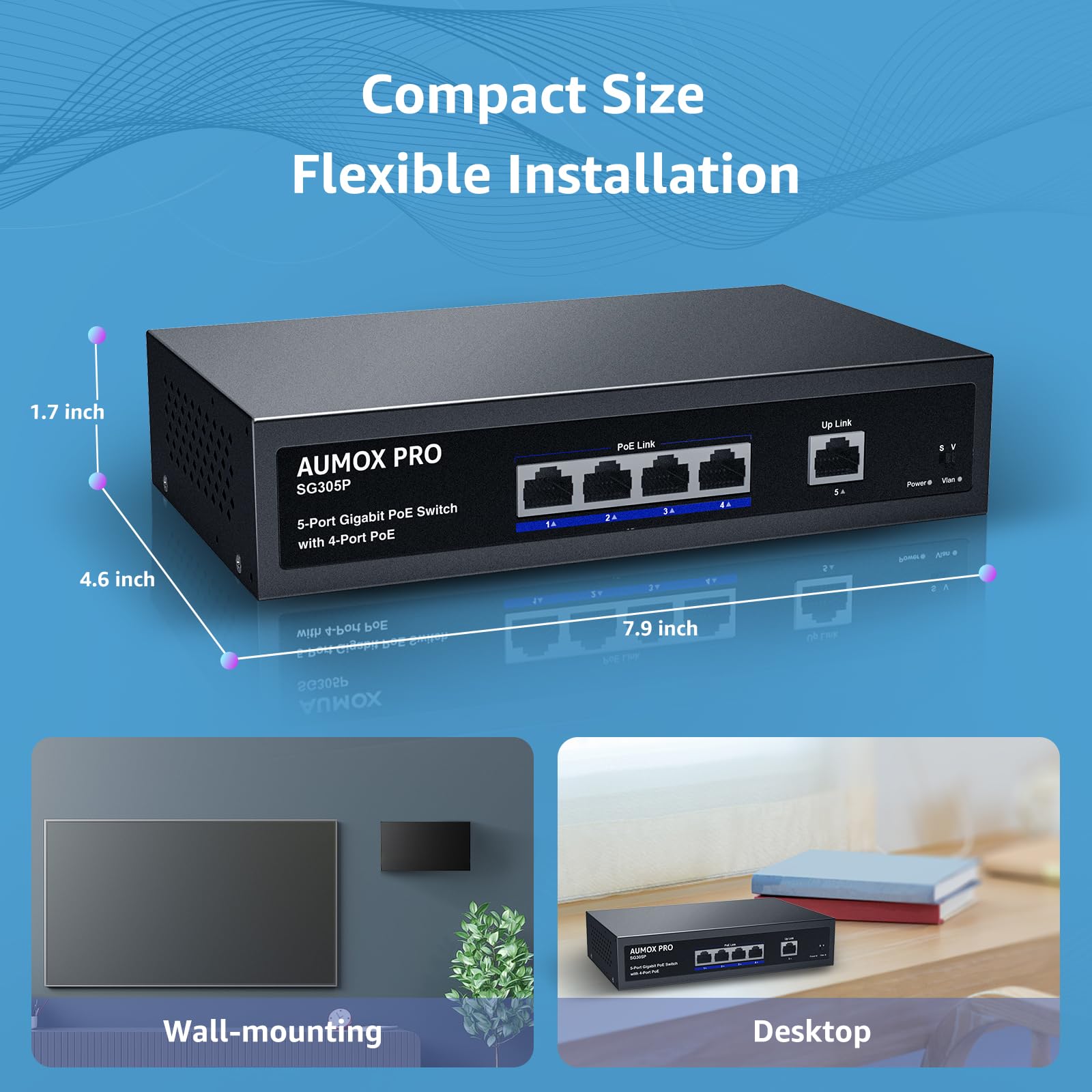SG305P Commutateur PoE Gigabit Ethernet 5 ports non géré avec 1 port Gigabit montant 78 W, Plug and Play, commutateur réseau VLAN en métal robuste sans ventilateur 802.3af/at, montage mural