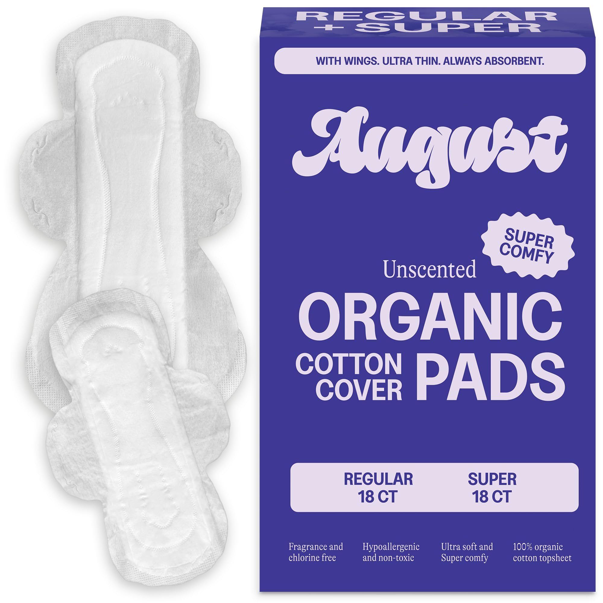 August Regular & Super Organic Pads for Women, 36 (18+18) Ultra Thin Pads with Wings, Hypoallergenic Sanitary Napkins with Organic Cotton Topsheet, Compostable Wrapper, Non-Toxic, Fragrance-Free