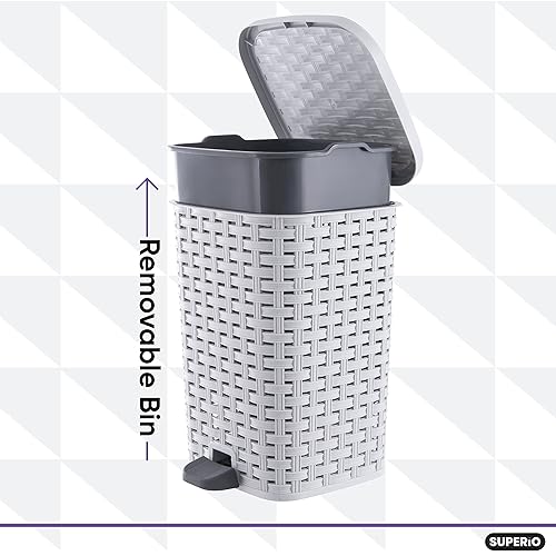 Miniatura 3 de Superio Cubo de basura de mimbre con pedal de pie, para exteriores e interiores, color humo blanco de 12 cuartos de galón, cesta de basura para