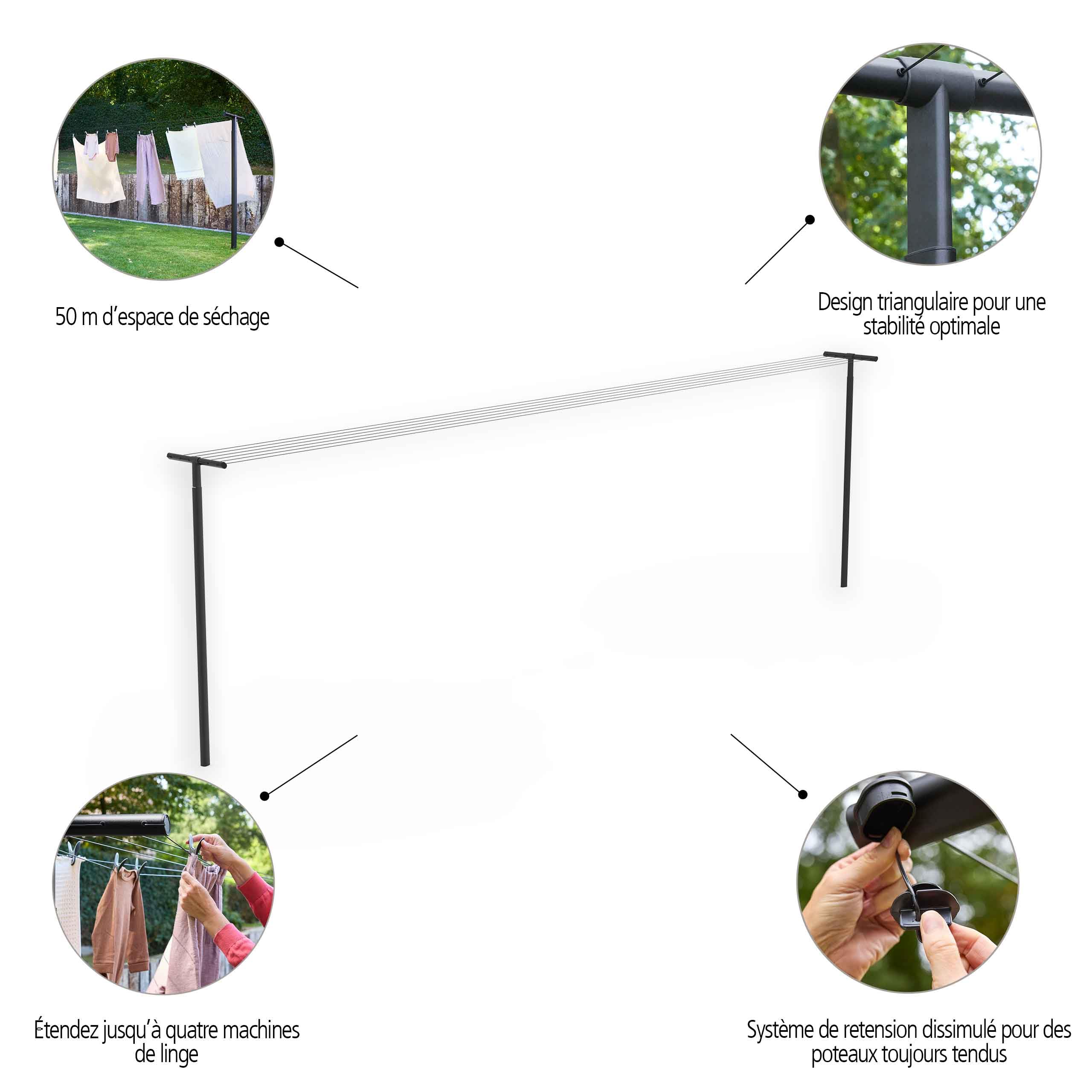 Brabantia Étendoir à Linge Hangout avec poteaux de 50 m (Noir), Séchoir à Linge réglable pour Une Utilisation extérieure, Etendoir Linge Suspendu pour sécher Le Linge