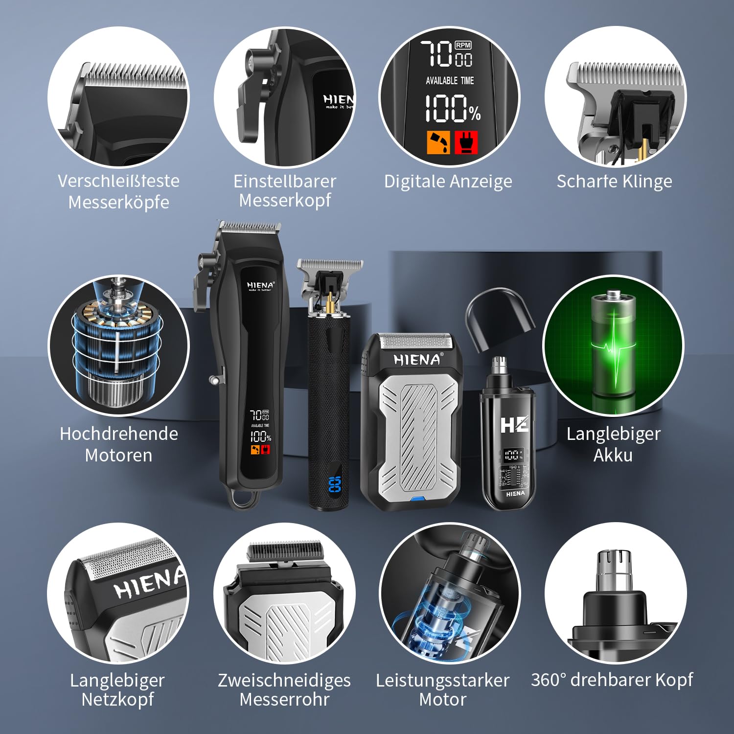 HIENA PRO Professionelle Haarschneidemaschine Herren, komplettes Barber Kit,Bartschneider, Aluminiumfolienrasierer und Nasenhaarschneidemaschine