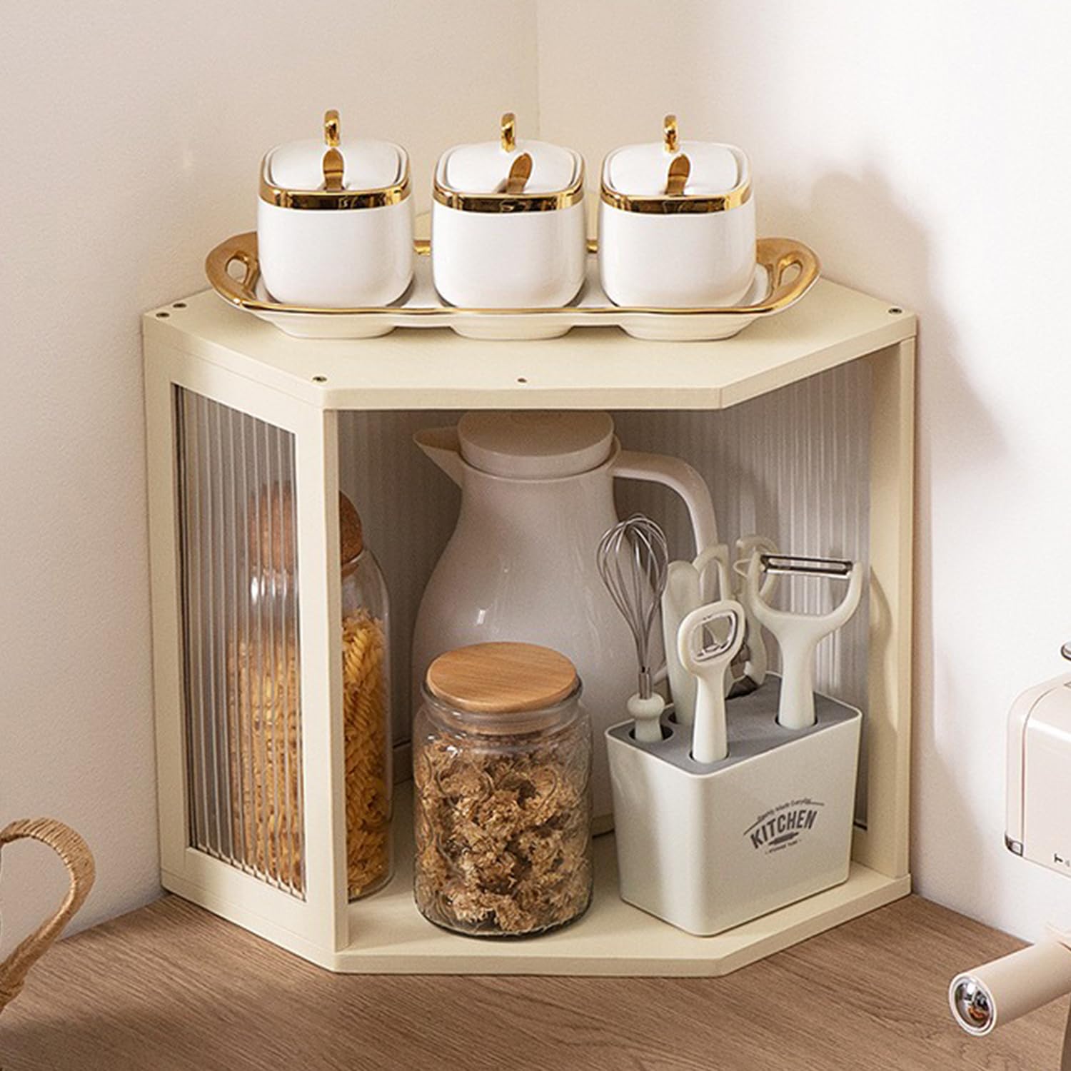 Meuble d'angle en bambou avec étagère de rangement pour cuisine