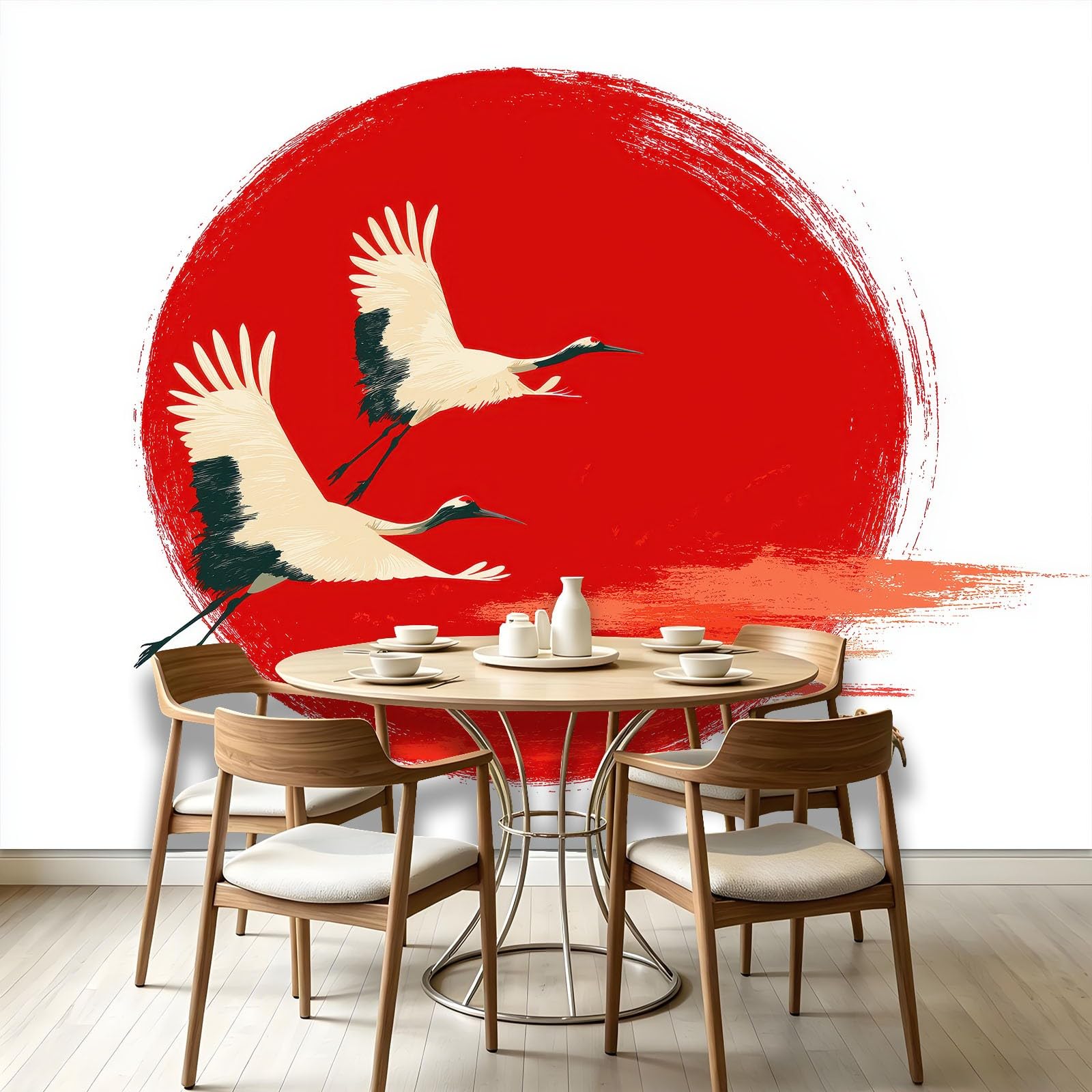 Ukiyo-E - Papel pintado fotográfico japonés de 250 x 175 cm, no tejido, de forro polar, impresión artística de sol rojo grulla para dormitorio, sala de estar, comedor, decoración de póster